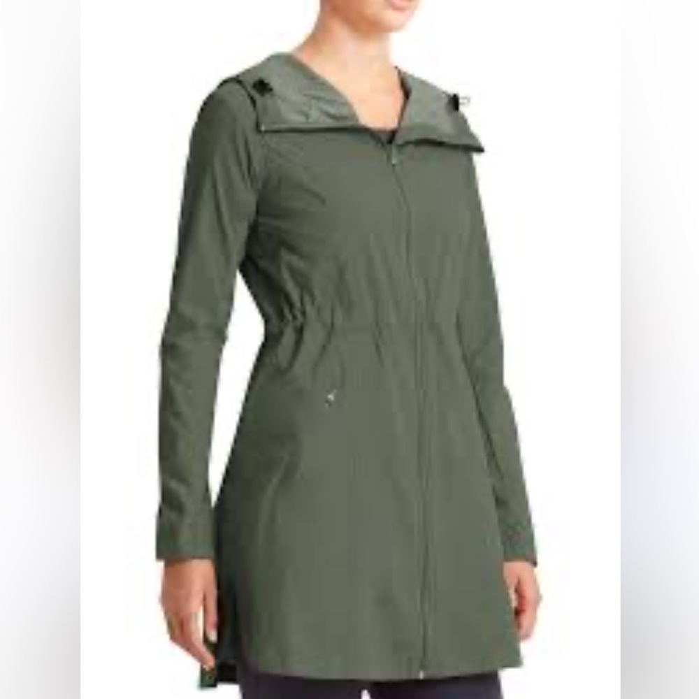 Athleta Overcloud Jacket Womens Navy Hood Nylon Zip Front Pocket Caped Size S
